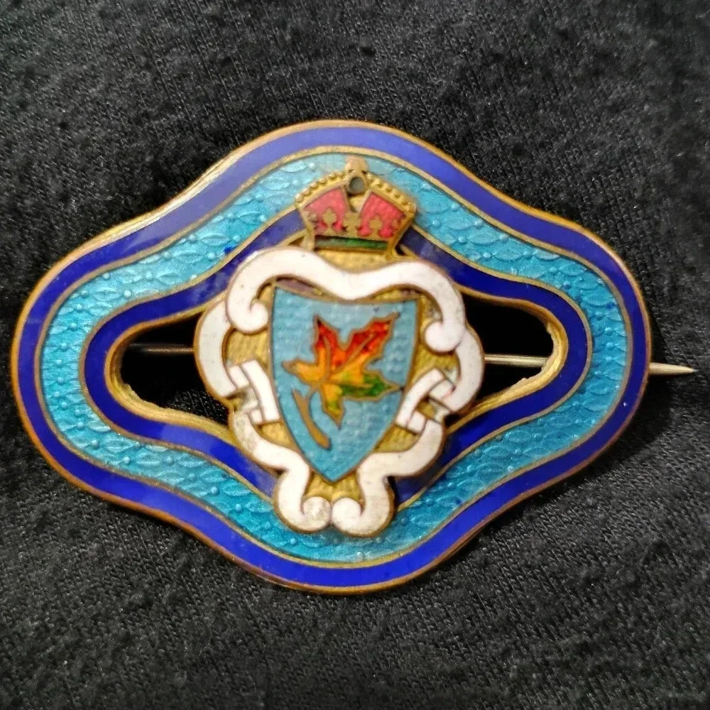 Antique Canada Brooch Guilloche Enamel Maple Leaf Shield Crest Long Arm Pin